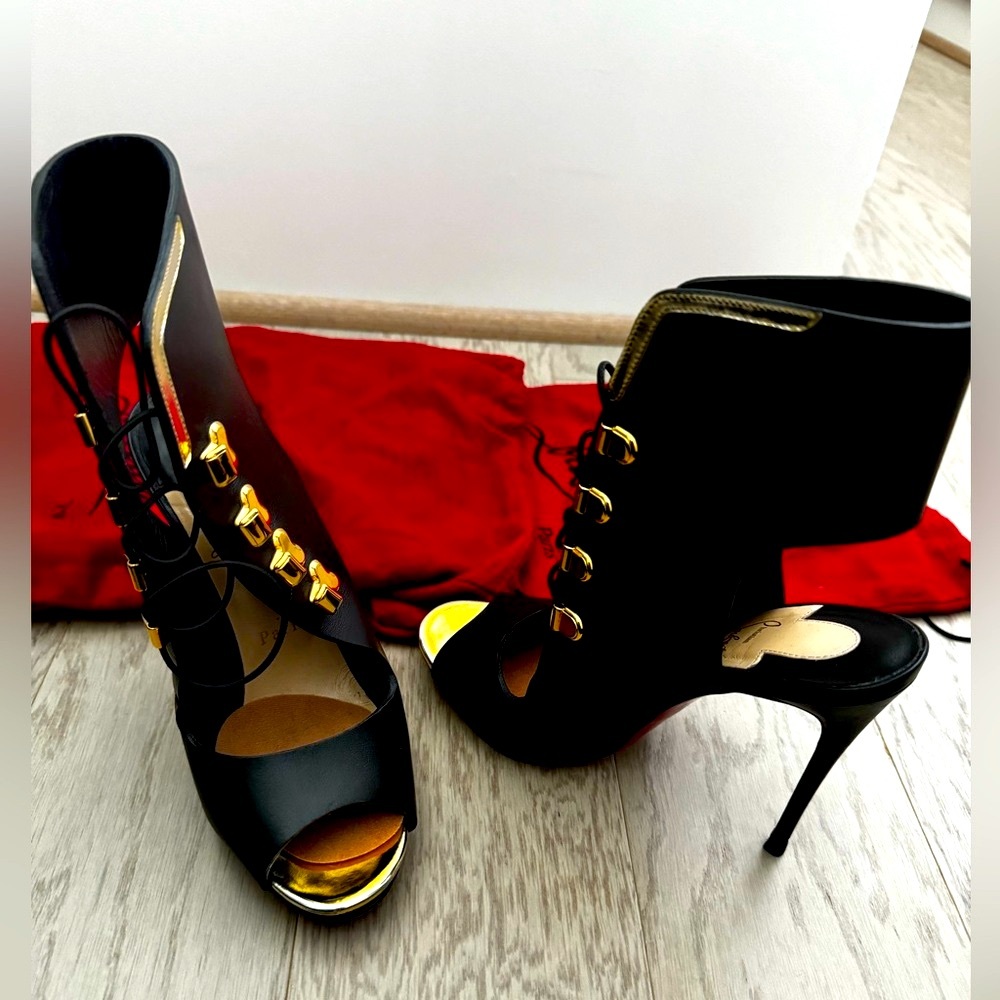 Christian Louboutin open toe black booties, size 7.5, Eur 37.5